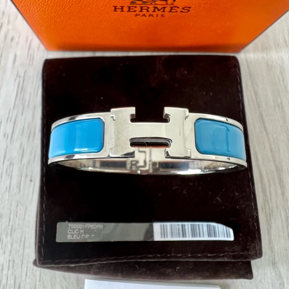 Hermes Clic H Blue Enamel Palladium Plated Bracelet Bangle Gently-Used